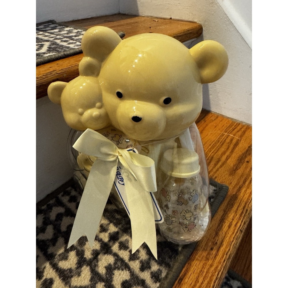 Vintage Baby‎ King Bear Bank Baby Gift Set Bottle Teether Rattle NEw 90s Yellow